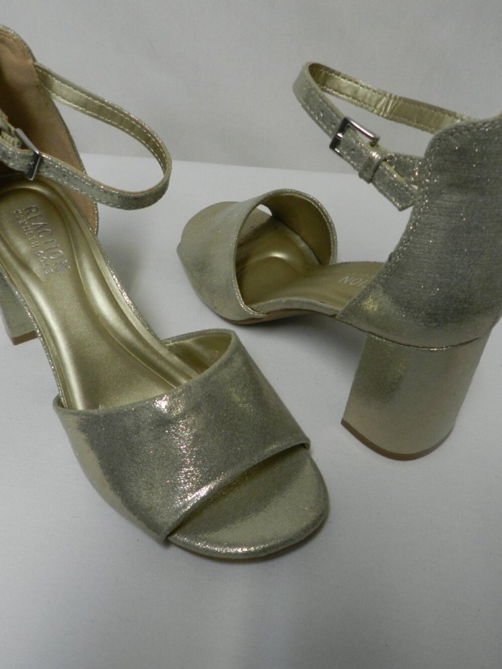 Kenneth Cole Reaction Size 8 NEW Lottie block heels buckle soft gold Ankle Strap